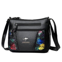 Multi-pocket Ladies Flower Handbag Soft Leather Crossbody Bag