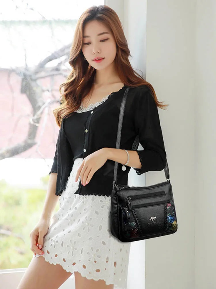 Multi-pocket Ladies Flower Handbag Soft Leather Crossbody Bag
