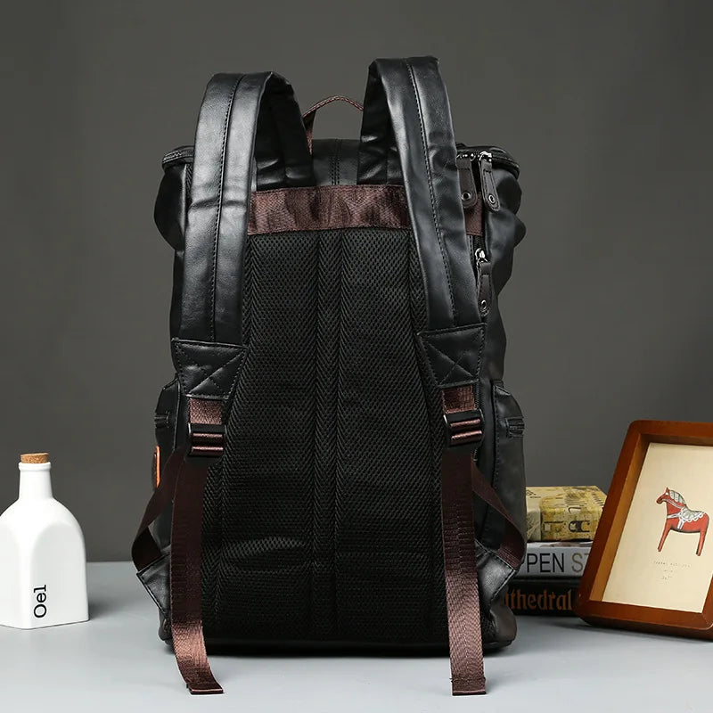 Multi-pocket Men's School Bag Leather Laptop Travel Backpack
