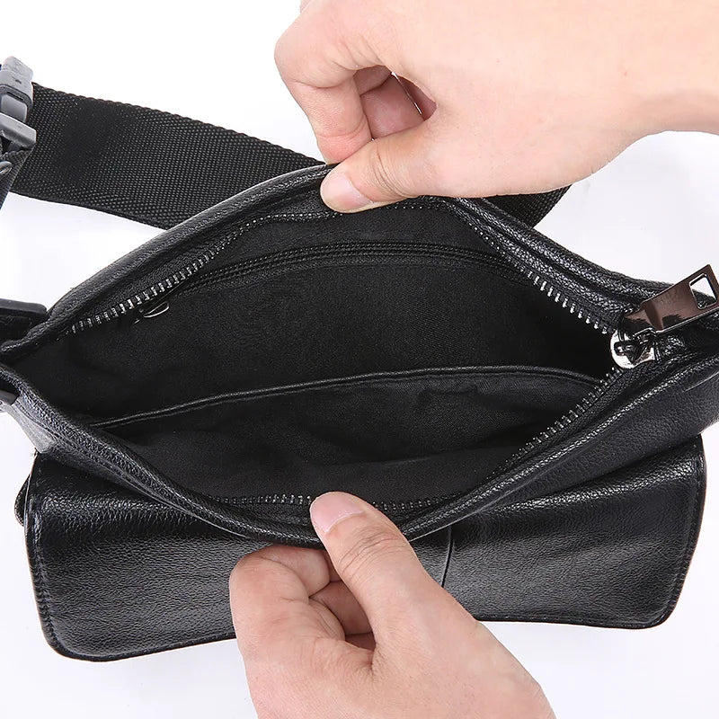 Men's Multi-Pocket Leather Waist Bag with Adjustable Belt