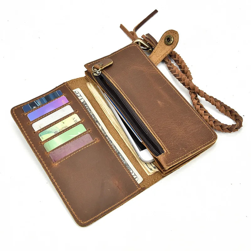 Men Long Crazy Horse Leather Wallets Clutch Vintage Male Purse