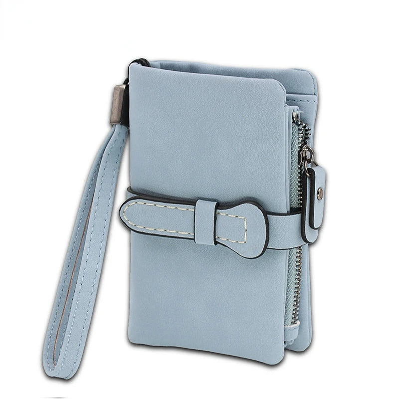 Fold Women Wallets Drawstring Nubuck Leather Zipper Wallet with Wrist Strap