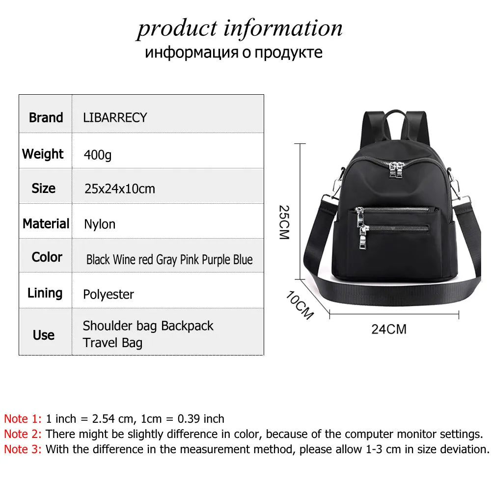 Women's Double Zipper Travel Backpack Nylon Shoulder Bag