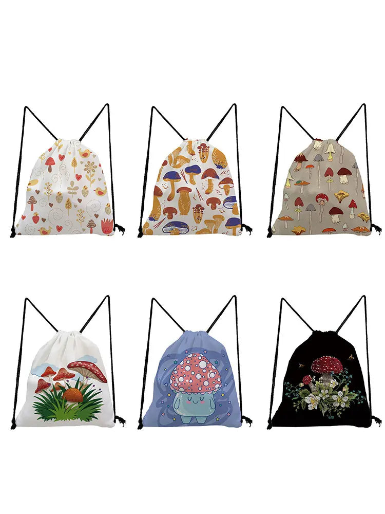 Mushroom Group Drawstring Backpack Brown Unisex Shoe Bag