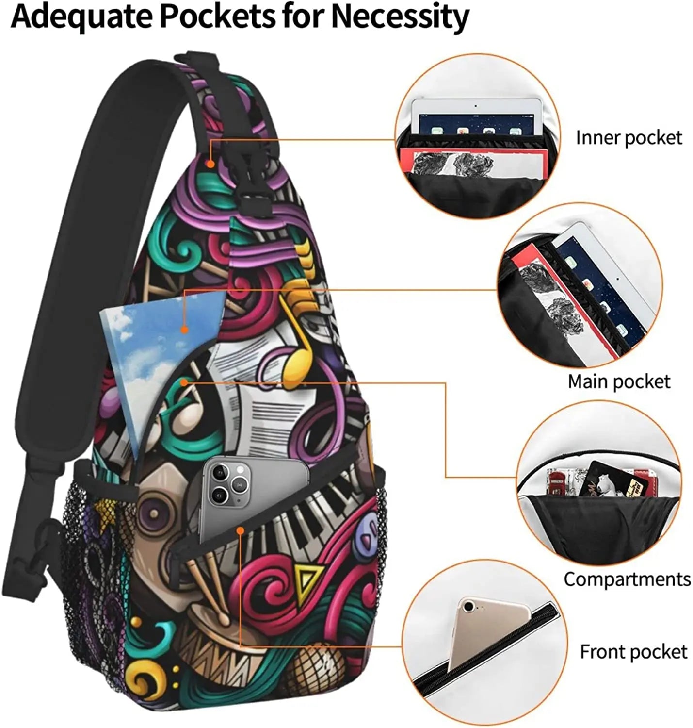 Music Doodles Pattern Crossbody Shoulder Bag