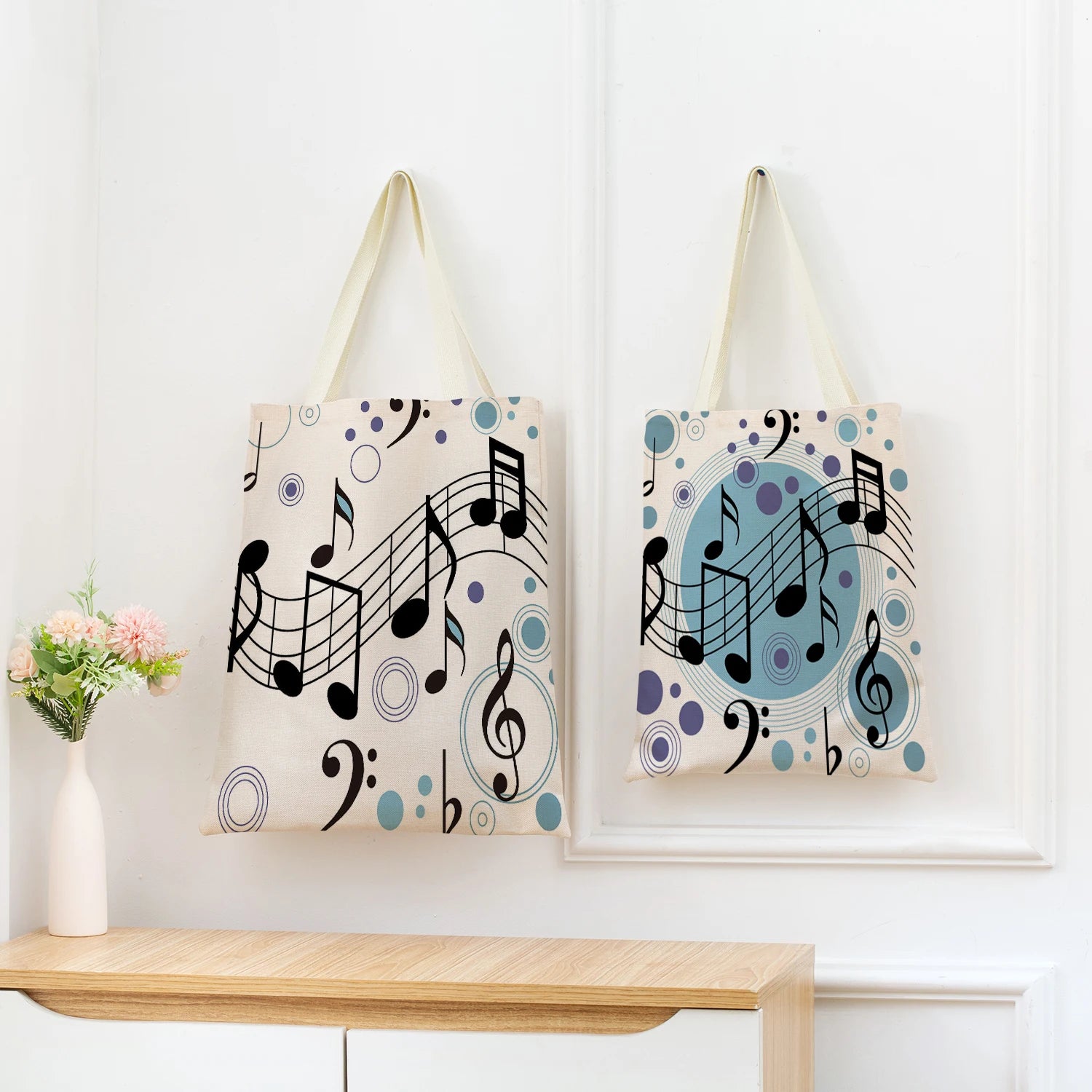Musical Note Sheet Music Pattern Market Shopping Bag Women Foldable Handbag