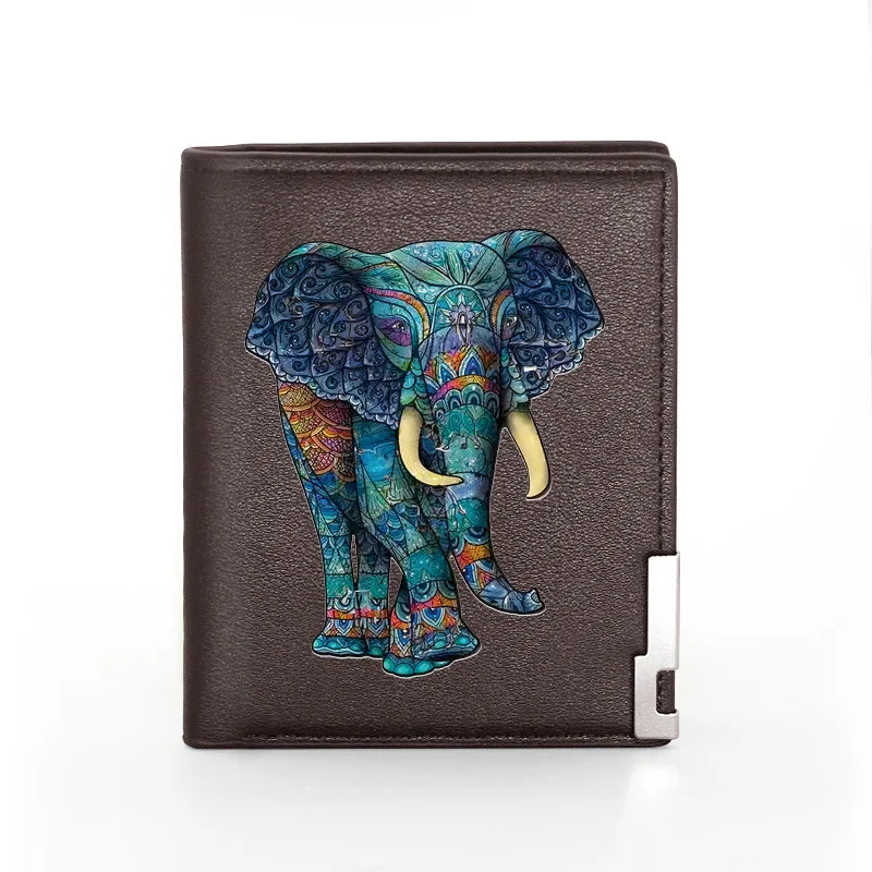 Ethnic Elephant Print Leather Wallet Billfold Slim Credit Card Holder