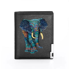 Ethnic Elephant Print Leather Wallet Billfold Slim Credit Card Holder