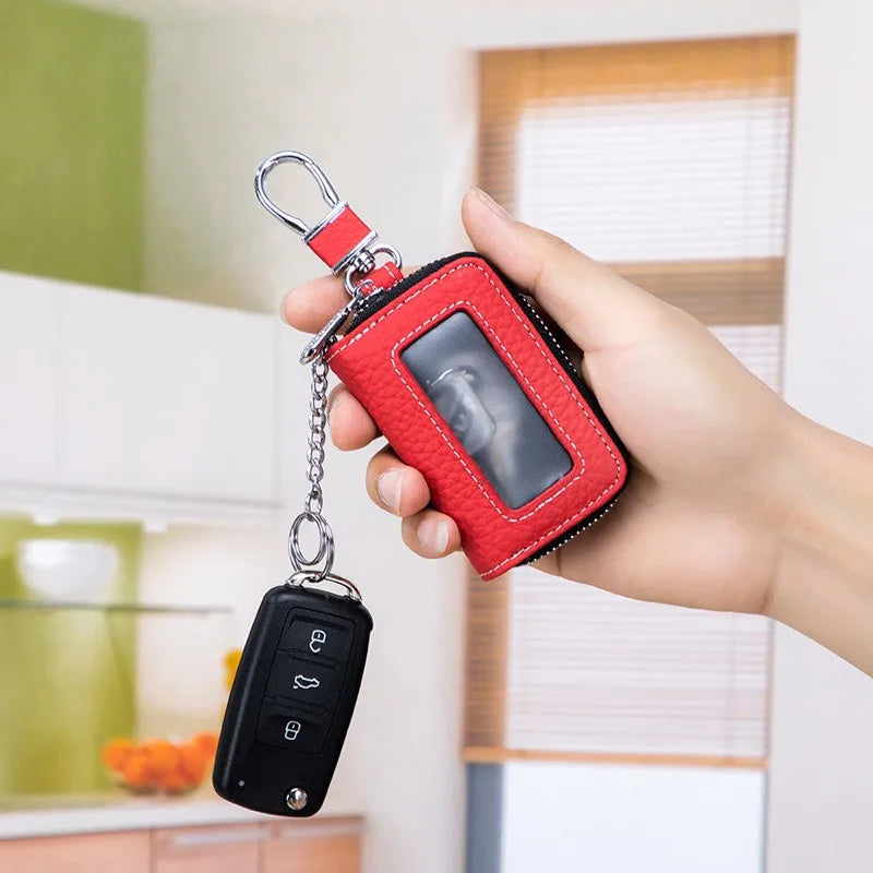 Leather Car Key Holder Zipper Pocket Remote Control Protector Cover Wallets