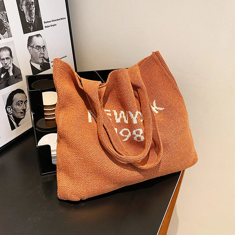 Retro Knitted Tote Bag Lady Handbag Woolen Woven Bucket Bag Women Shoulder Bags