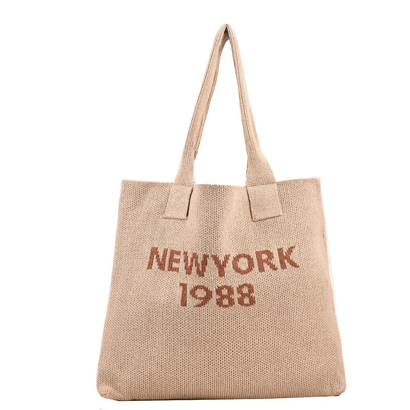Retro Knitted Tote Bag Lady Handbag Woolen Woven Bucket Bag Women Shoulder Bags