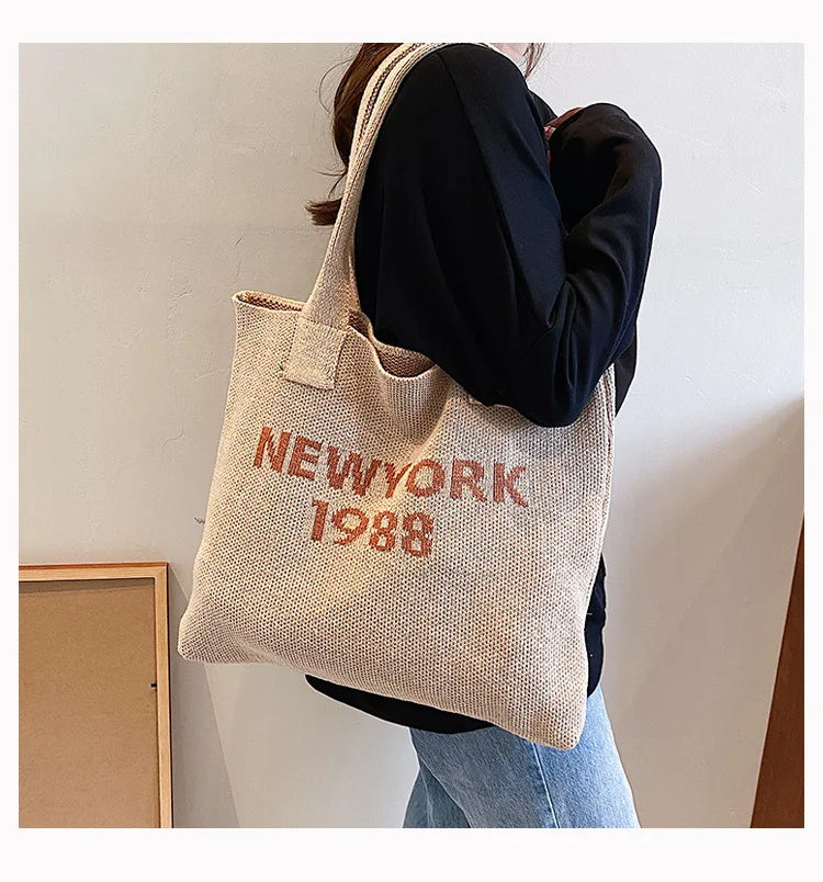 Retro Knitted Tote Bag Lady Handbag Woolen Woven Bucket Bag Women Shoulder Bags