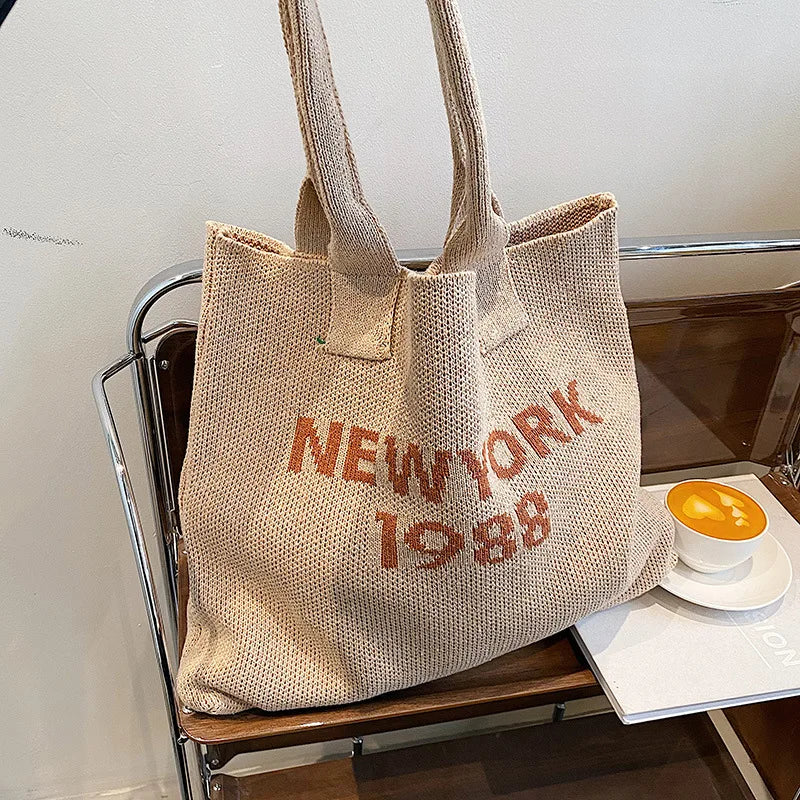 Retro Knitted Tote Bag Lady Handbag Woolen Woven Bucket Bag Women Shoulder Bags