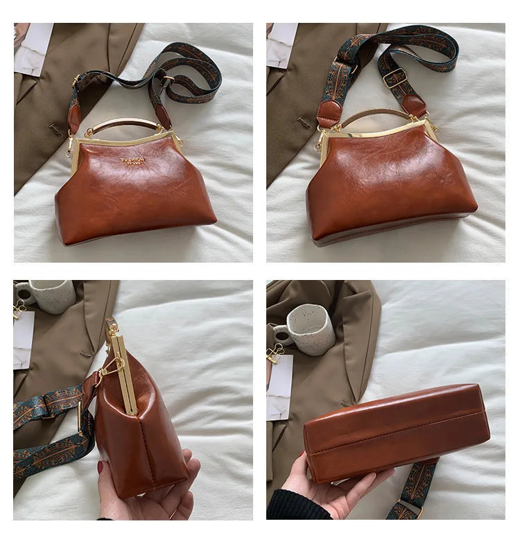 Vintage Women Handbag PU Leather Messenger Bags Wide Straps Female Shells