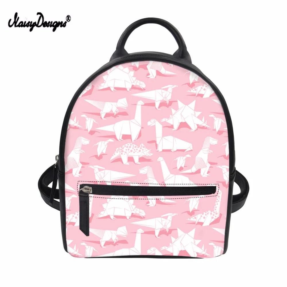 Dinosaur Animals Print Small Backpack PU Leather Girls Travel Daypack