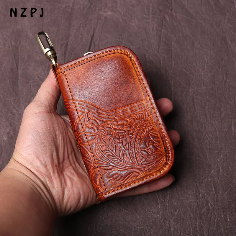 NZPJ Leather Key Bag, Cowhide Purse, Vintage Vegetable Tanned ID Bag