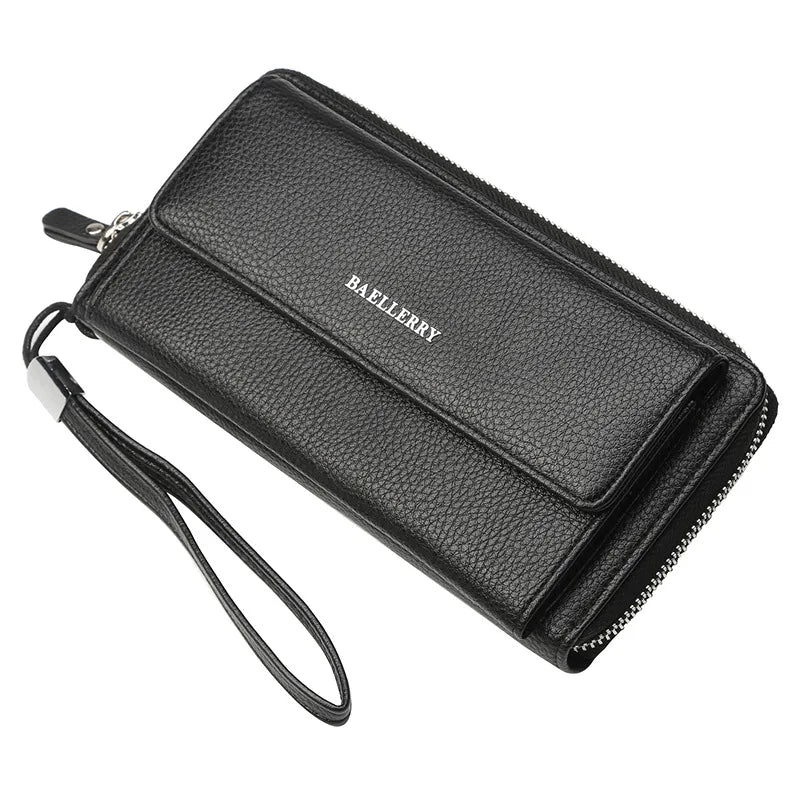 Men Clutch Wallets Engraved PU Leather Zip Large Capacity Hand Strap Wallet