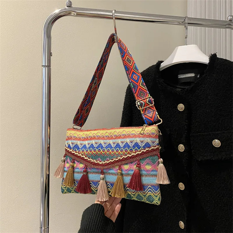 Vintage Crossbody Bag Envelope Handbag with Tassel Shoulder Strap