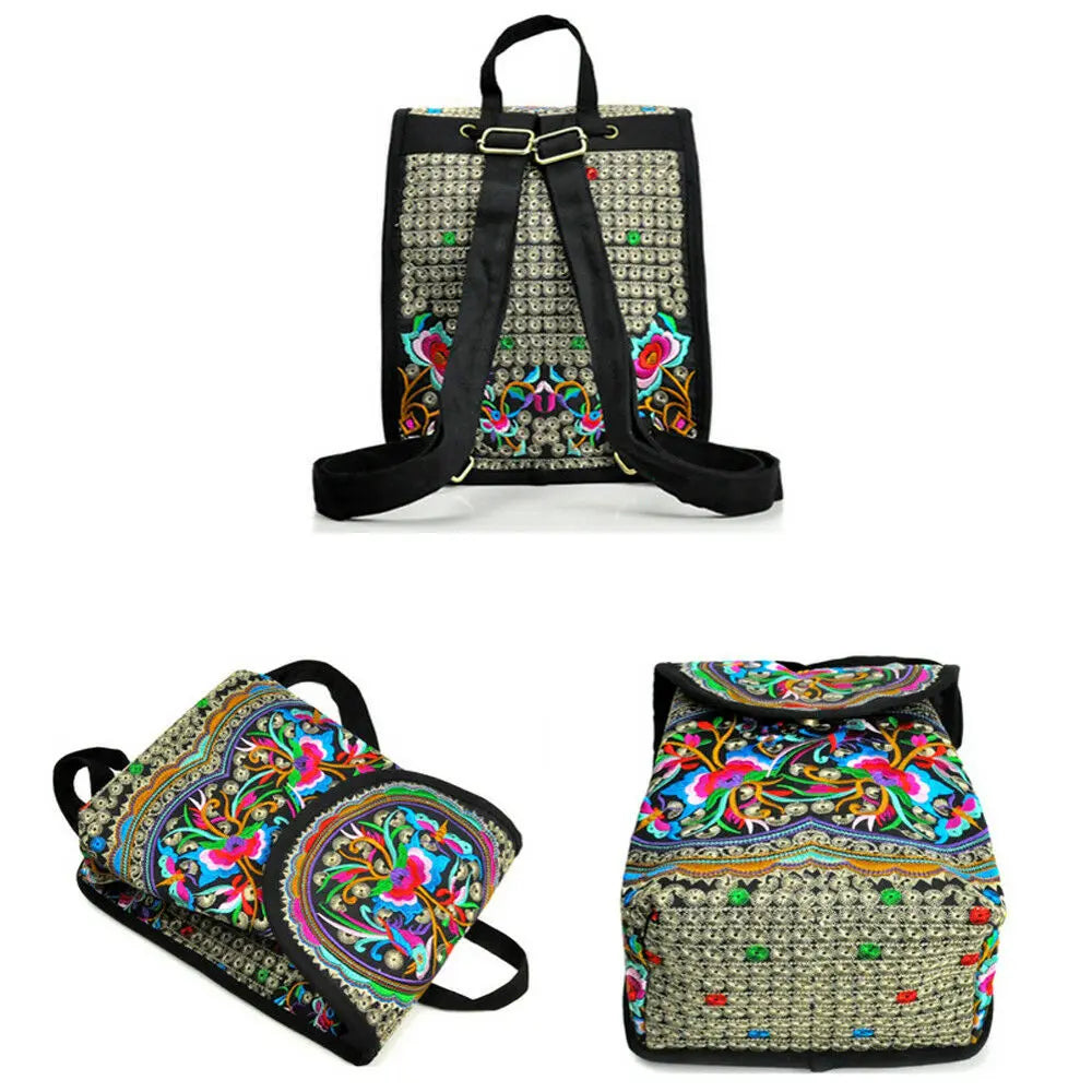 Boho Embroider Canvas Backpack Bag Travel Shoulder Bag