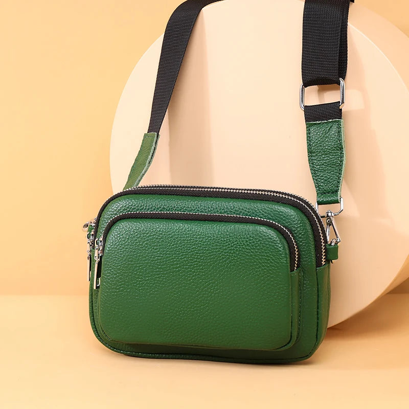Cowhide Small Classic Female Shoulder Bag Wide Straps Crossbody Handbag