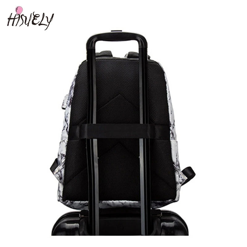 15.6 inch Travel Marble Large Backpack Women USB School Backpack