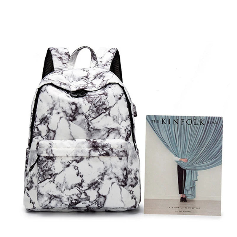15.6 inch Travel Marble Large Backpack Women USB School Backpack