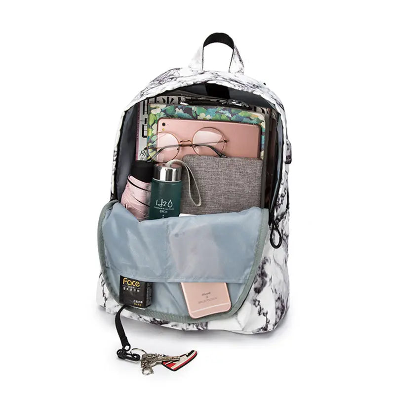 15.6 inch Travel Marble Large Backpack Women USB School Backpack