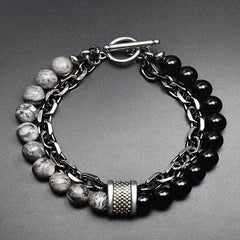 Stone Men's Bracelets Double Chain Link Stainless Steel Beaded Bracelets Bangle