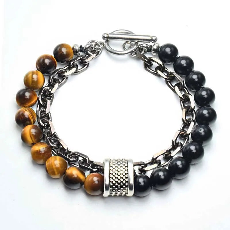 Stone Men's Bracelets Double Chain Link Stainless Steel Beaded Bracelets Bangle