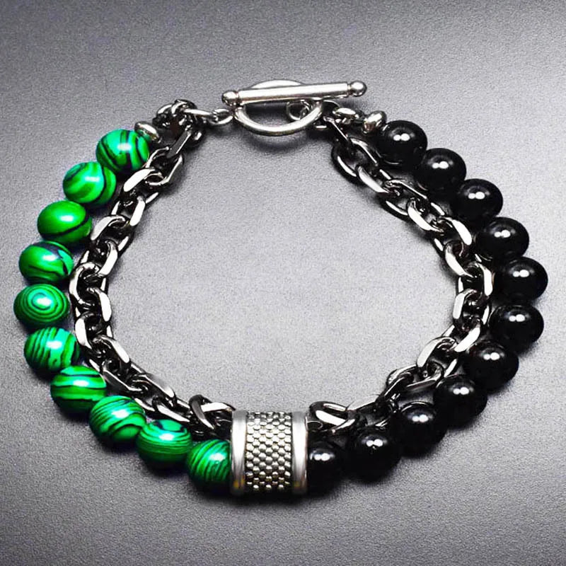 Stone Men's Bracelets Double Chain Link Stainless Steel Beaded Bracelets Bangle