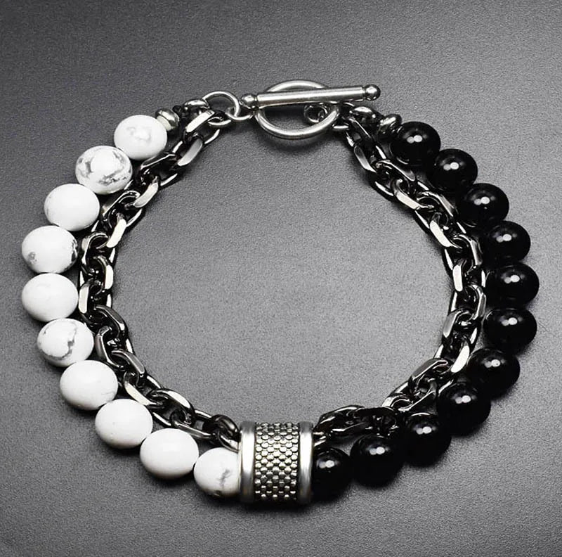 Stone Men's Bracelets Double Chain Link Stainless Steel Beaded Bracelets Bangle