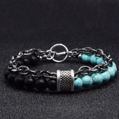 Stone Men's Bracelets Double Chain Link Stainless Steel Beaded Bracelets Bangle