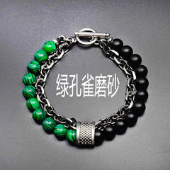 Stone Men's Bracelets Double Chain Link Stainless Steel Beaded Bracelets Bangle