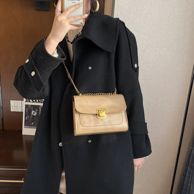 Solid Leather Shoulder Chain Bag Crossbody Bags Purses Messenger Bag