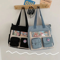 Spring Student Shoulder Bag with Transparent Pocket
