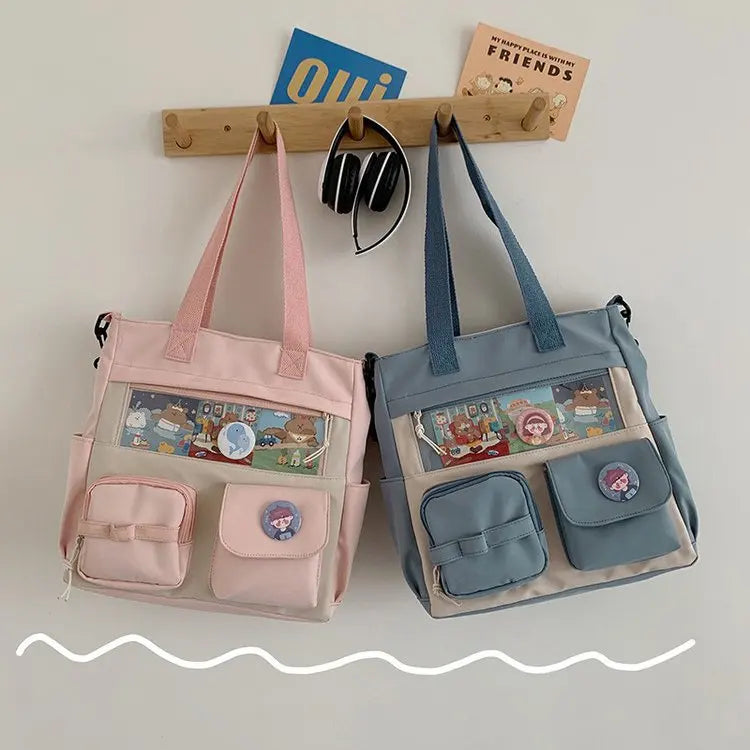 Spring Student Shoulder Bag with Transparent Pocket