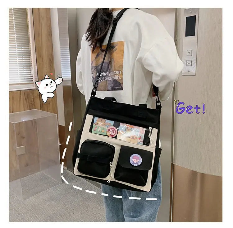 Spring Student Shoulder Bag with Transparent Pocket