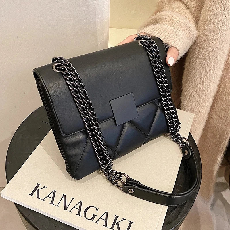 Lattice Square Crossbody Bag PU Leather Women's Handbag Chain Shoulder Bag