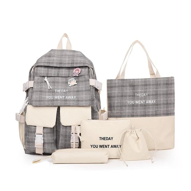 5pc Women's Backpack Plaid School Bag Oxford Cloth Large Capacity