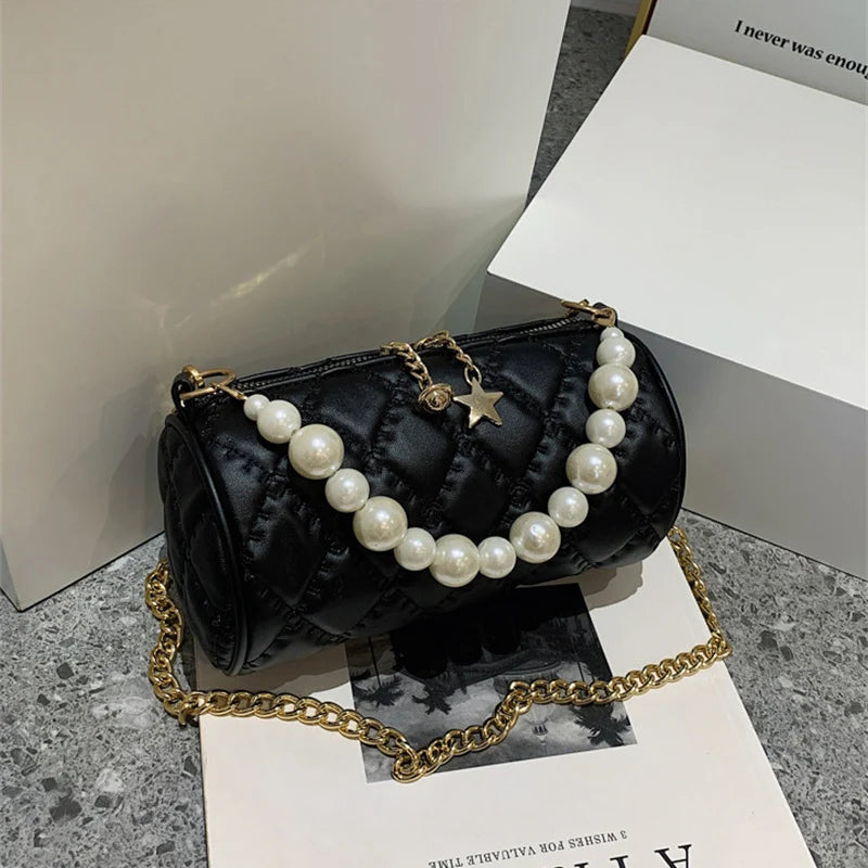 Barrel-shaped Shoulder Bag with Pearls Chains Crossbody