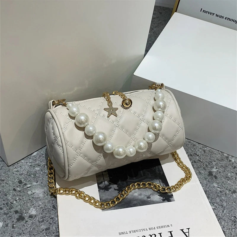 Barrel-shaped Shoulder Bag with Pearls Chains Crossbody