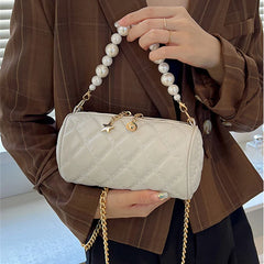 Barrel-shaped Shoulder Bag with Pearls Chains Crossbody