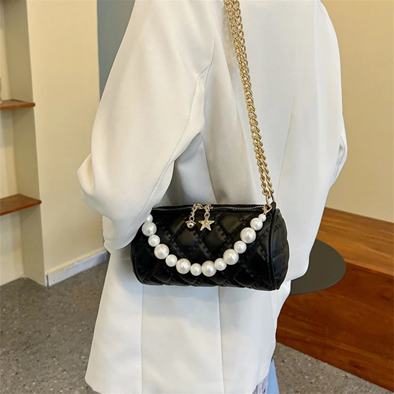 Barrel-shaped Shoulder Bag with Pearls Chains Crossbody