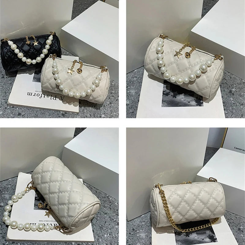 Barrel-shaped Shoulder Bag with Pearls Chains Crossbody