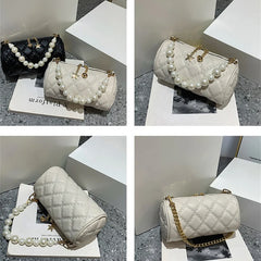 Barrel-shaped Shoulder Bag with Pearls Chains Crossbody