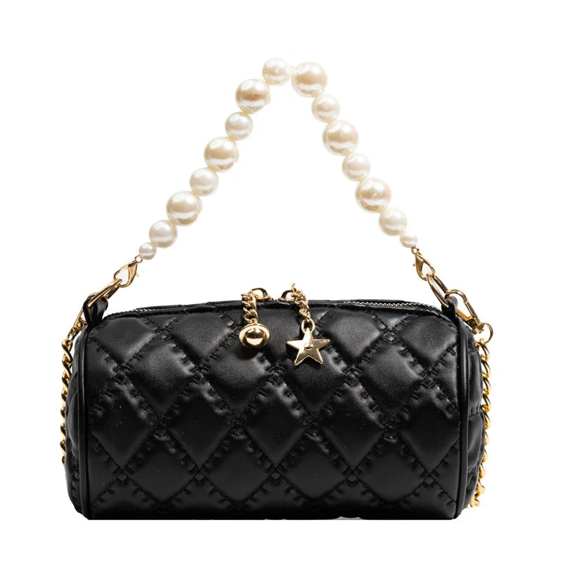 Barrel-shaped Shoulder Bag with Pearls Chains Crossbody