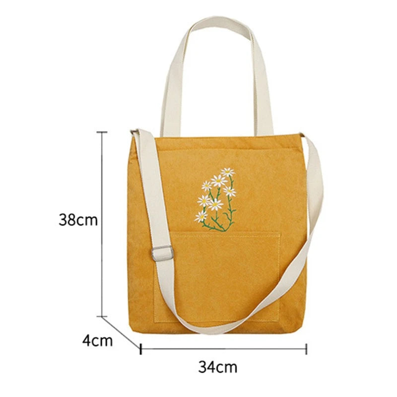Corduroy Daisy Shoulder Bag Solid Square Pocket