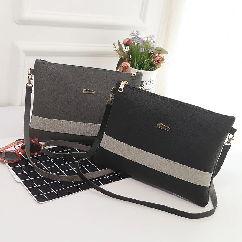 PU Leather Stripe Zipper Handbag Crossbody Messenger Bag