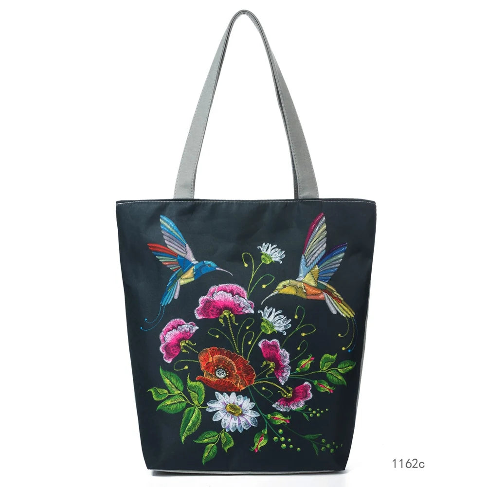 Women Canvas Shoulder Bag Flower Birds Travel Beach Crossbody Bag
