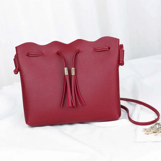 Women Messenger Bag PU Leather Handbag Solid Tassel Bucket Shoulder Bag